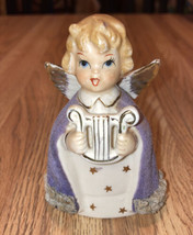 Vintage Angel Playing Harp Ceramic Figurine Spaghetti Trim Purple Flock Cape - £13.46 GBP