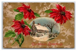 Christmas Greeting Cabin Scene Holly Poinsettia Embossed DB Postcard O18 - £2.33 GBP