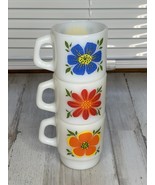 3 Vtg Anchor Hocking Fire King Flower Power Stacking Mug Coffee Cup - $660.23 MXN