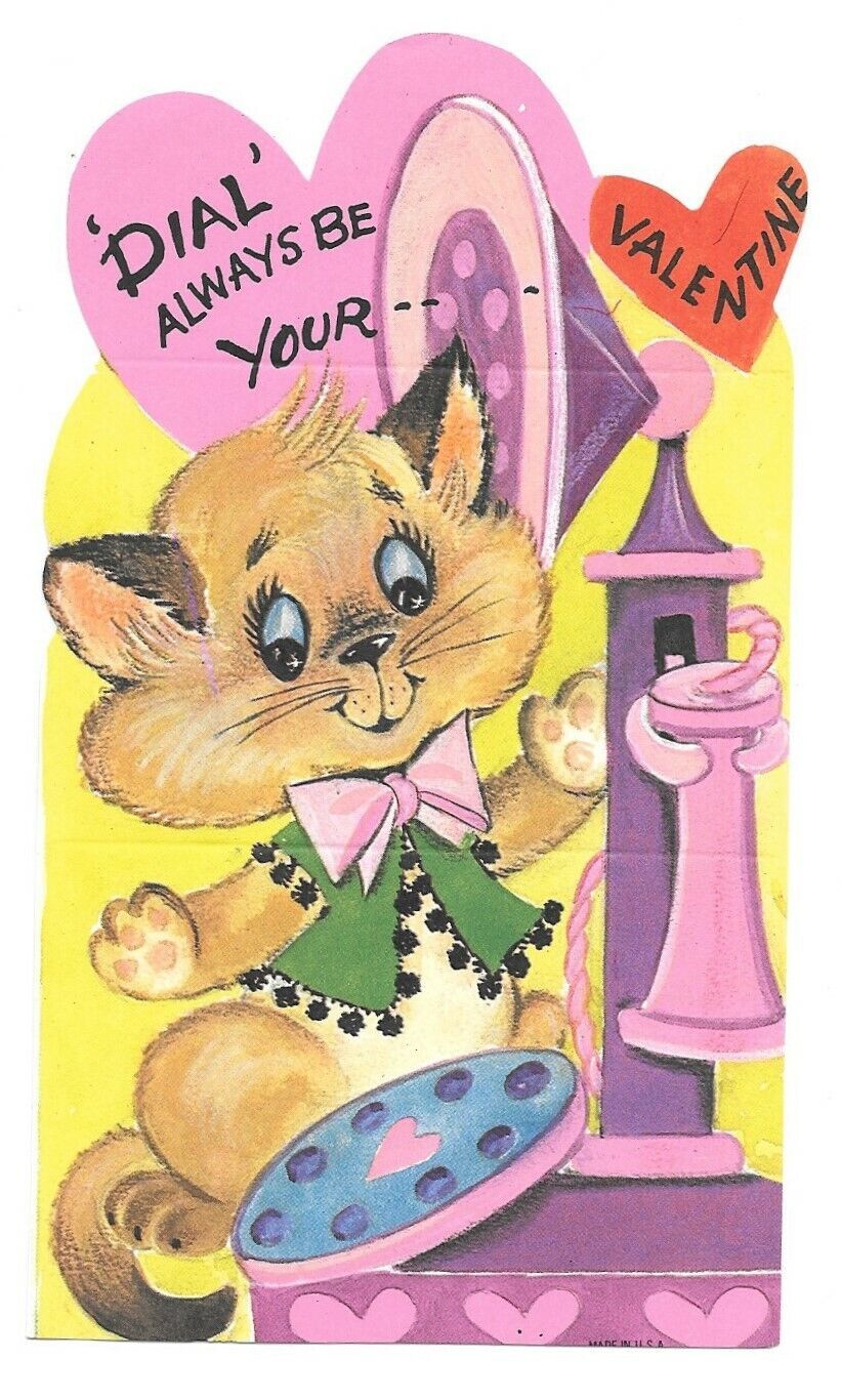 Primary image for Vintage Valentines Day Card Kitten Cat With Antique Candlestick Telephone