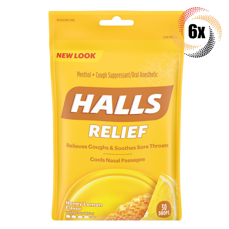 6x Bags HALLS Relief Honey Lemon Flavor Soothing Cough Drops | 30 Drops ... - $31.13