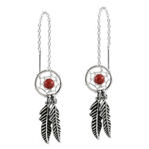 Dreamcatcher Red Coral Bead Chain Thread Slide Sterling Silver Earrings - £9.98 GBP