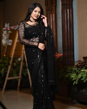 Black Color Sequence Work Heavy Partywear Saree Indian Wedsing Saree For... - $41.14