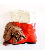1960s Antique Christmas Ornament Ceramic Hand Painted Dog Asleep Stockin... - $24.99