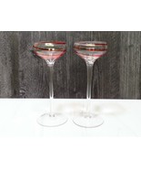 Pair of Tall Red Ribbon Swirl Glass Cocktail Toasting Coupe Glasses 7.5&quot; - £37.11 GBP
