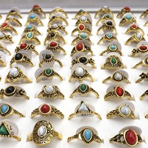 50pcs Tibetan Vintage Style Rings Semi Precious Stone Rings For Women High Quali - £26.38 GBP