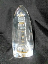 Lighthouse Nautical Paperweight Decor Figurine Gold Accented Solid Glass /CHINA - £30.36 GBP