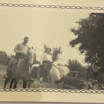 Found Black And White Photo Young Couple Riding Horses By Car Man Woman - £7.07 GBP
