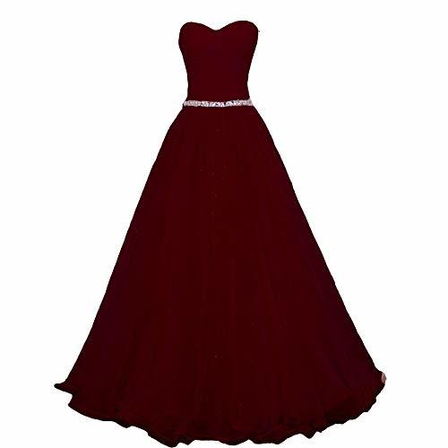 Sweetheart Simple Pleats Beaded Tulle Long Evening Prom Dresses Burgundy US 6