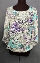 CHICOS Womans Roll Tab 3/4 Sleeve Knit TOP Tan Teal Purple Tunic Sz 0 Sm... - $19.95