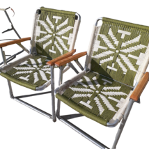 2 Folding Macrame Lawn Chairs Green Aluminum Frame Camp Pool Patio Beach Cabin - £65.94 GBP