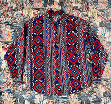 Vtg 80s Western Rodeo Red Multi Color Pattern Cotton Button Down Shirt Sz M - £61.33 GBP