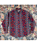 Vtg 80s Western Rodeo Red Multi Color Pattern Cotton Button Down Shirt Sz M - £60.90 GBP