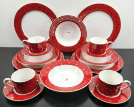 (16) Pc Sakura Galaxy Red Dinner Plates Soup Bowls Cups Saucers Set 14K Gold Lot - £118.44 GBP