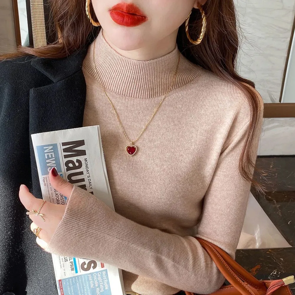 Solid Color Slim  s Woman Autumn Winter neck Knitwear Top Korean Femme Office La - £85.99 GBP