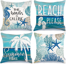 Summer Pillow Covers 18X18 Inch Set of 4, Summer Vibes the Beach Is Calling Sea - £23.41 GBP