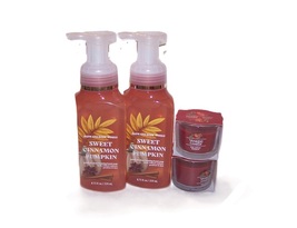 Bath &amp; Body Works Sweet Cinnamon Pumpkin Foaming Soap &amp; Red Apple Wreath Candle - £21.57 GBP