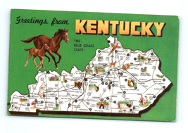 Postcard Greetings Form Kentucky The Blue Grass State, Map Horses - £5.17 GBP