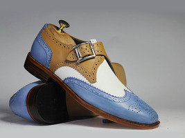 Handmade Multi color Leather Monk Strap Wing Tip, Brogue Shoes for Men&#39;s - £111.88 GBP
