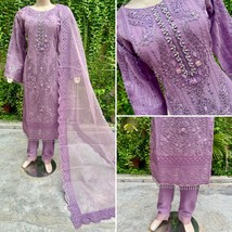 Pakistani Lilac 3 Pcs Fancy  organza Dress with embroidery &amp; Squins work,L - £85.91 GBP