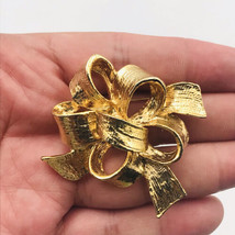 Gold Tone Ribbon Bow Brooch Pin 2&quot; x 2&quot;   - $9.49
