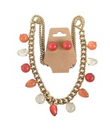 Peach &amp; White Moonstone Goldtone Chain Necklace Earring Set Boho Estate ... - $473.21 MXN