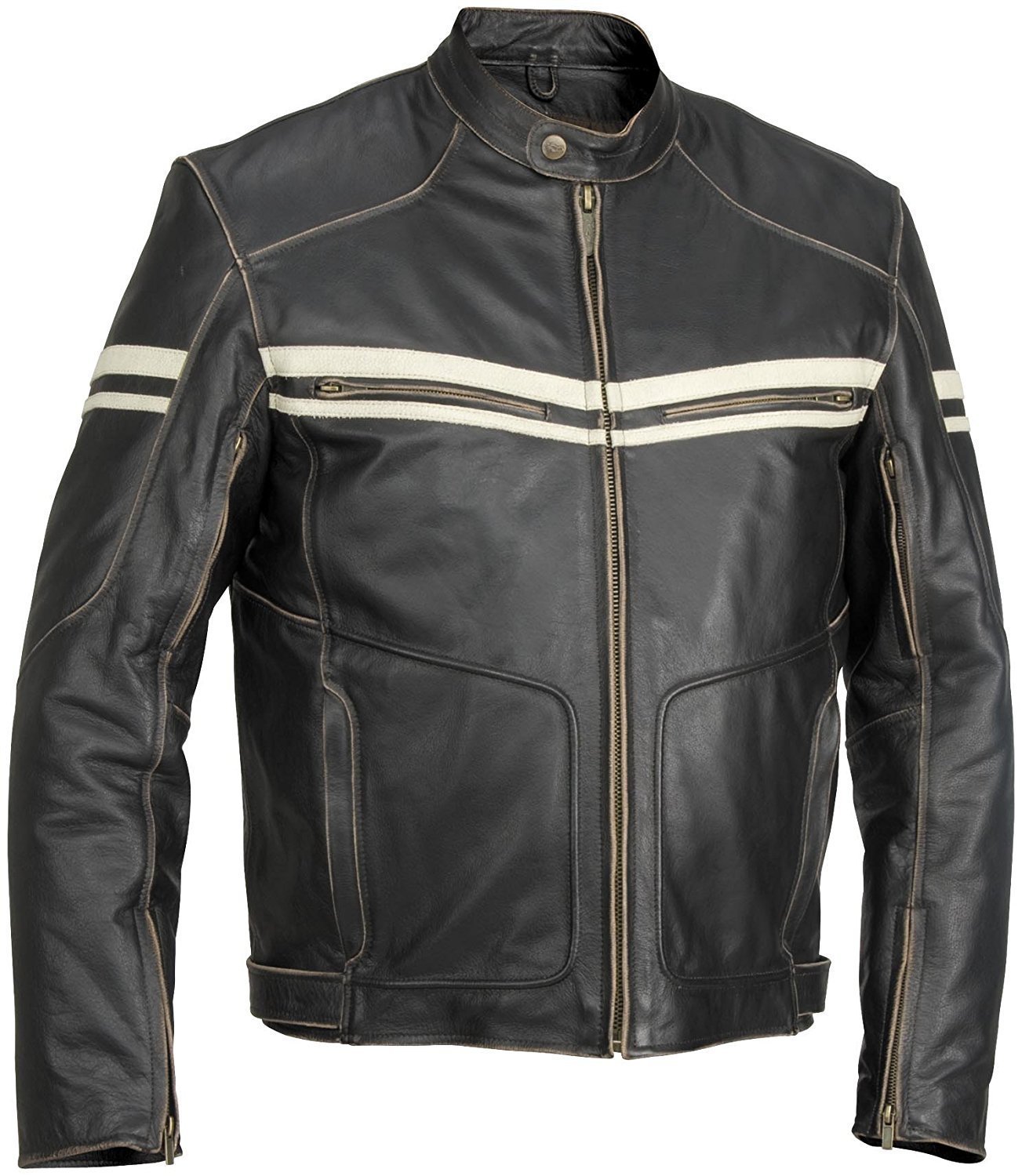 Men Black Hoodlum Vintage Biker Motorcycle Leather Jacket with White Stripes 201