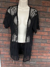 Sheer Kimono Black Fringe Small Short Sleeve Open Cardigan Xhilaration Lace Mesh - £9.87 GBP