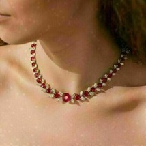 26Ct Cushion Simulated Ruby Women&#39;s Tennis Necklace 14k White Gold Plated Silver - £206.86 GBP
