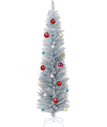6 Ft Silver Tinsel Pencil Christmas Tree w/ 24ct Ornament Set &amp; Metal St... - $54.15