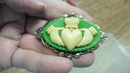 (CM38-90) traditional CLADDAGH heart hands ivory + green CAMEO brass Pin Pendant - £26.14 GBP