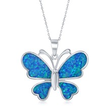 Sterling Silver Large Blue Inlay Opal Butterfly Pendant - £56.04 GBP