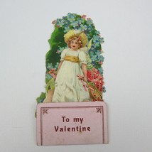 Vintage Valentine 3D Pop Up Die Cut Girl Hat Wheelbarrow Red Roses Blue Flowers - £11.93 GBP