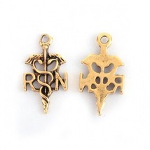 2 RN Charms Nurse Pendants Caduceus Antiqued Gold Charms Medical - £3.25 GBP