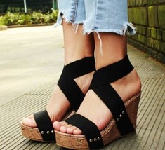Women&#39;s Elastic Band Black Strappy Wedge Casual Round Toe Sandals Size 7... - £33.91 GBP+