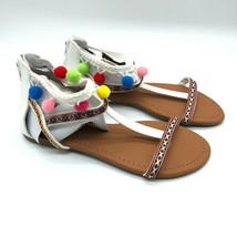 Nature Breeze Womens Sandals Pom Pom T Strap Faux Leather White Brown 8 - £15.08 GBP