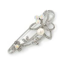 Large Crystal, Pearl Floral Safety Pin Brooch In Rhodium Plating - 10cm L  - $49.00