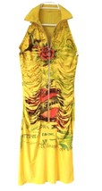 Yellow Red Bodycon Women&#39;s Mini Dress with Zipper Size S Bird Rose Sleev... - £23.90 GBP