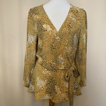 Loft Gold Floral Print Wrap Blouse Side Tie Long Sleeves Size M - £15.56 GBP