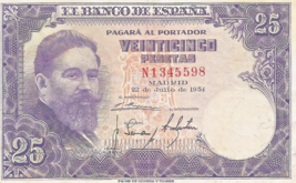 Spain 25 Pesetas Banknote 1954 Cir. # 23A - $12.86
