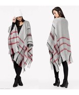 LOVE STITCH Grey Plaid &quot;Nottingham Poncho&quot; Fringed Soft Woven Sweater NE... - $78.00