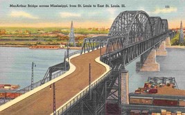 MacArthur Bridge Mississippi River East St Louis Illinois 1938 linen postcard - £5.04 GBP