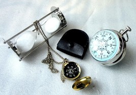 Paper Weight Clock&amp;Sand Timer with Free Compass with Long Chain Set of 3 Items - £99.48 GBP