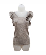 Mango Womens Knit Top Size S Embellished Rosette Flutter Sleeve Beige Ne... - $281.17 MXN