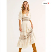 Free People Boho Delicacy Midi Peasant Dress Cream Size 0 Anthropologie - £39.53 GBP