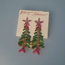 Betsey Johnson Gold Tone Fish Tree Chandelier Drop Earrings Crystal Accents - £21.60 GBP