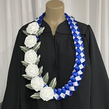 Graduation Money Lei (12) Leaf Bills Blue &amp; White Four Braided Ribbon Foam Roses - £70.52 GBP