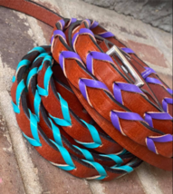 TEAL or PURPLE or BK Laced Genuine Leather Barrel Contest Reins w/ Conway + Snap - £17.21 GBP
