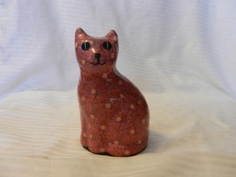 Sitting Cat Figurine, Red With White Flowers Pottery with Gloss Finish 5.5&quot; Tall - £31.97 GBP