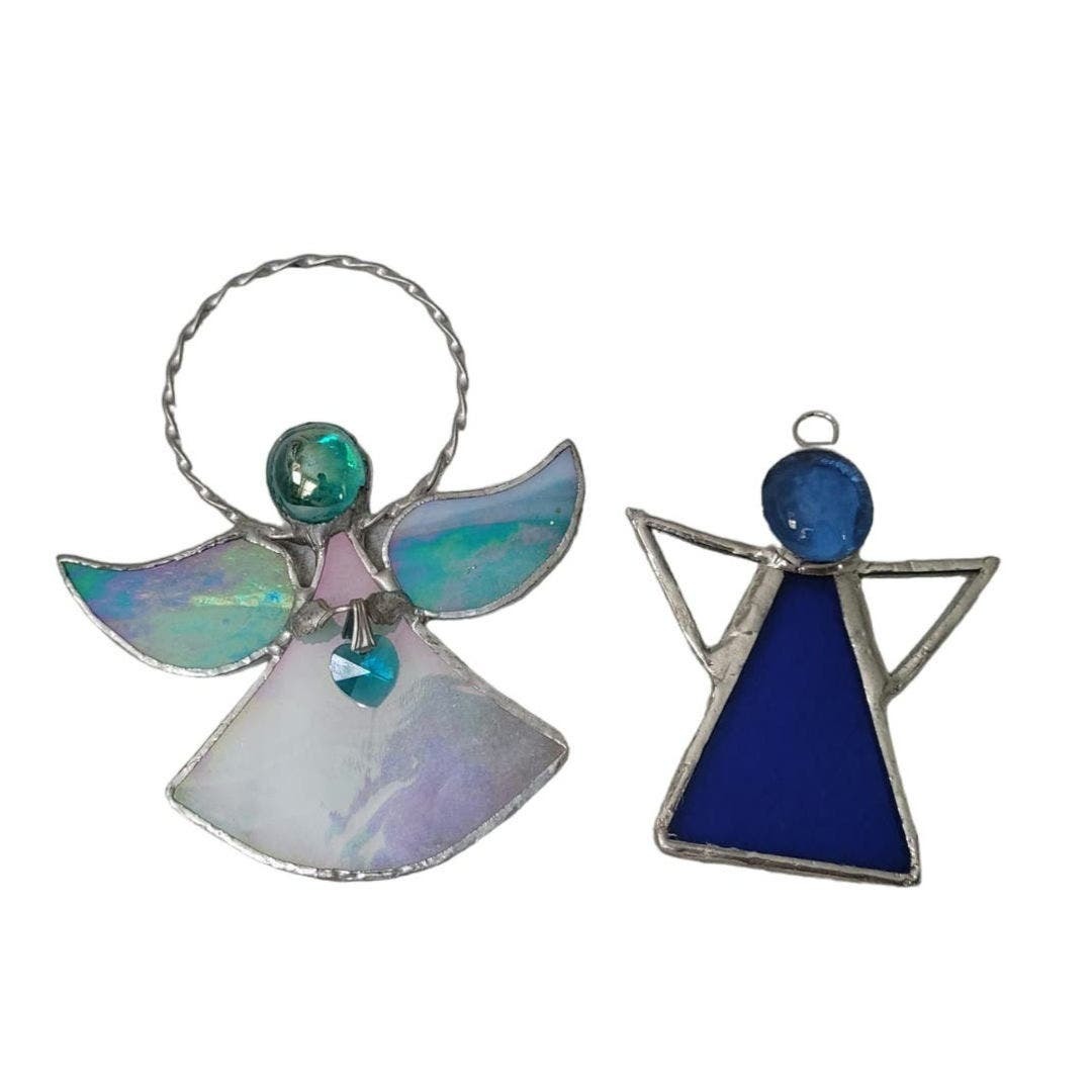 Primary image for Lot 2 Homemade Stain Glass Angels Blue Teal Suncatcher Halo